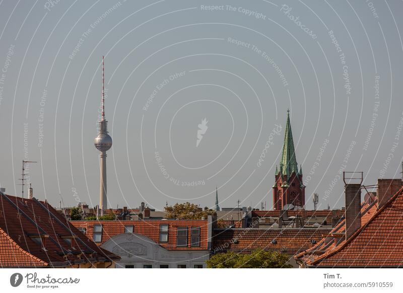 View of the television tower from Pankow Television tower Roof Berlin Summer Church Town Capital city Sky Berlin TV Tower Downtown Landmark Architecture