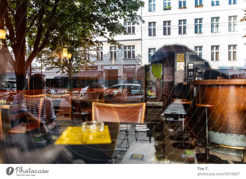 Cafe Bar Schwarz Sauer Prenzlauer Berg Berlin Window Reflection Café Street Town Capital city Downtown Old town Exterior shot Day Deserted Colour photo