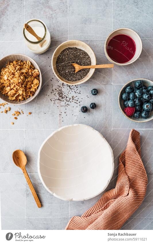 Ingredients for a healthy breakfast with yogurt, berries and chia seeds. An empty bowl, top view. Breakfast Cereal Yoghurt Berries Healthy Fruit Diet Empty Bowl