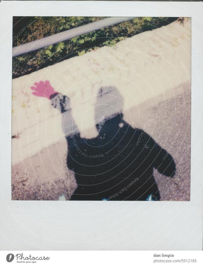 Hi! Polaroid Colour photo Day glove Copy Space bottom Exterior shot person pink gloves Shadow Wave waving