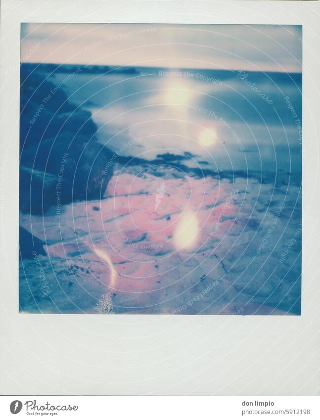 Lights on the beach Polaroid Exterior shot Deserted Colour photo Copy Space bottom Beach Light (Natural Phenomenon) Ocean coast