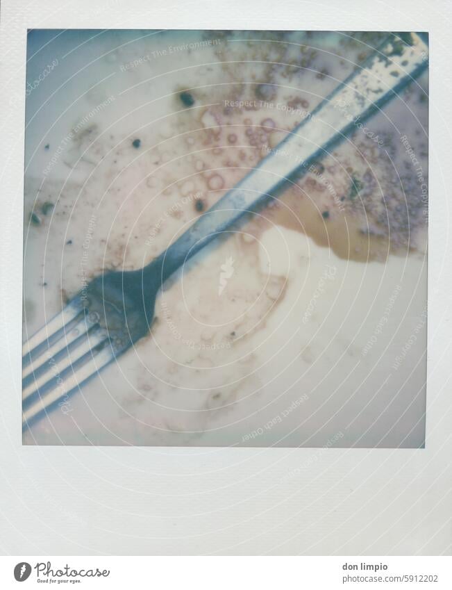 Fork on used plate Polaroid Plate utilised Nutrition Colour photo Cutlery Crockery Deserted Interior shot Copy Space bottom Dirty bloody