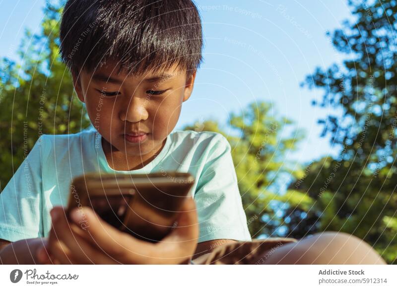 Young Asian boy focused on smartphone during outdoor picnic asian child technology summer park nature sunny digital youth concentration mobile device screen