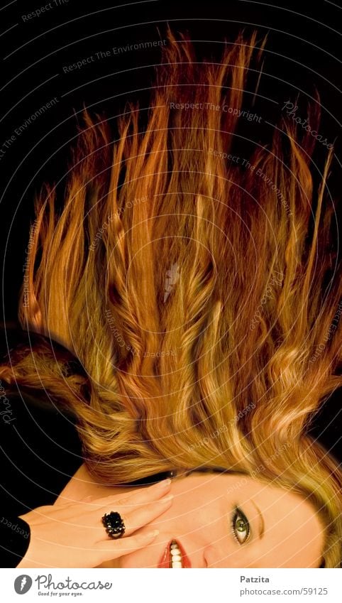 fiery Woman Portrait photograph Long-haired Black Red Yellow Hand Face Hair and hairstyles blowing hair Blaze Flame Circle Laughter