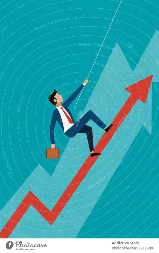 Businessman climbing up arrow chart using rope pulling himself up businessman growth success rising performance increase trend ascent finance economy strategy