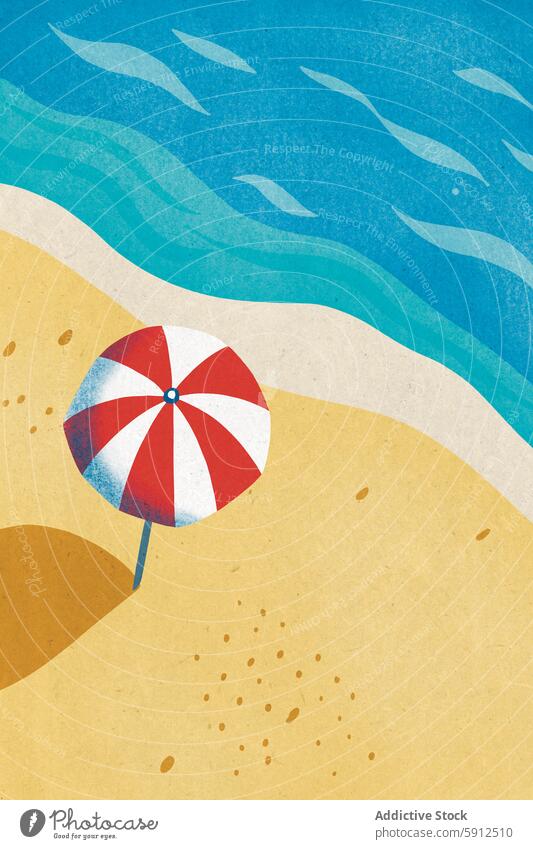 Red and white beach umbrella standing on the sand near the ocean illustration sea sky stripe red blue texture summer coast seaside vacation travel holiday