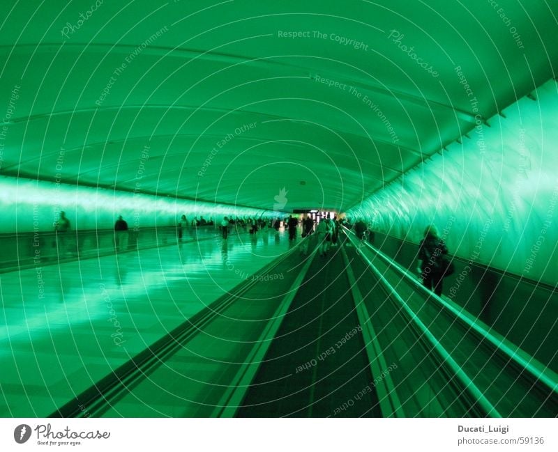ray_tunnel Light Tunnel Radiation Future Green Neon light Moving pavement Escalator Speed Haste Moody Perspective space Reaction Human being Town Airport Target