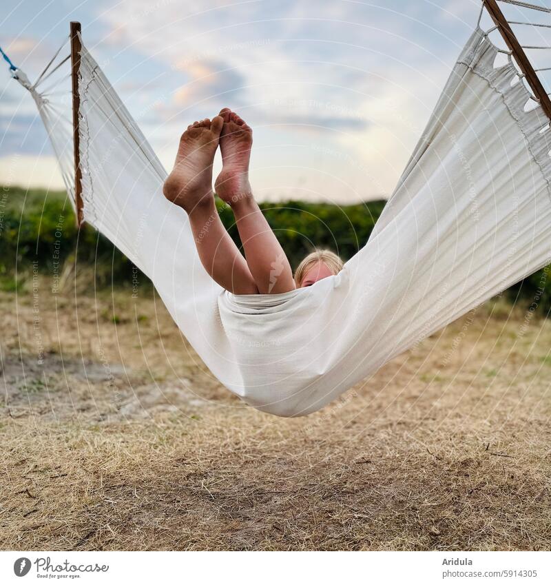 Child swings in a white hammock Hammock Infancy Happy Summer Outdoors dunes Marram grass North Sea North Sea coast Landscape Vacation & Travel Relaxation Clouds