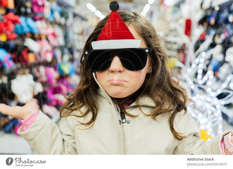 Young girl frustrated with Christmas shopping in a store christmas frustration santa hat sunglasses gesture merchandise colorful retail holiday expression child