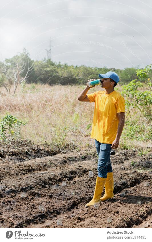 Young farmer hydrating while transplanting hibiscus shoots young yellow shirt blue cap drinking bottle standing cultivated field rural setting agriculture