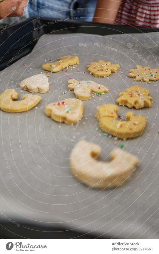 Family baking cookies together, captured in progress family homemade cooking kitchen baking sheet oven dough sprinkle topping colorful preparing dessert sugar