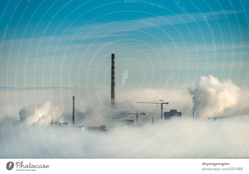 Factory chimneys and clouds of steam Industry Technology Environment Nature Plant Air Sky Clouds Climate Fog Town Chimney Dirty Blue White Energy