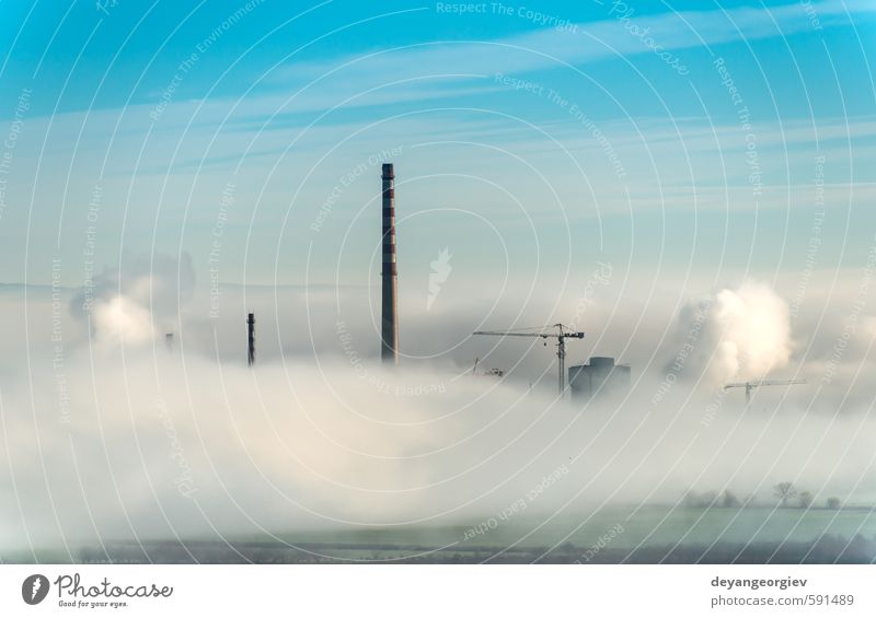 Factory chimneys and clouds of steam Industry Technology Environment Nature Plant Air Sky Clouds Climate Fog Town Chimney Dirty Blue White Energy