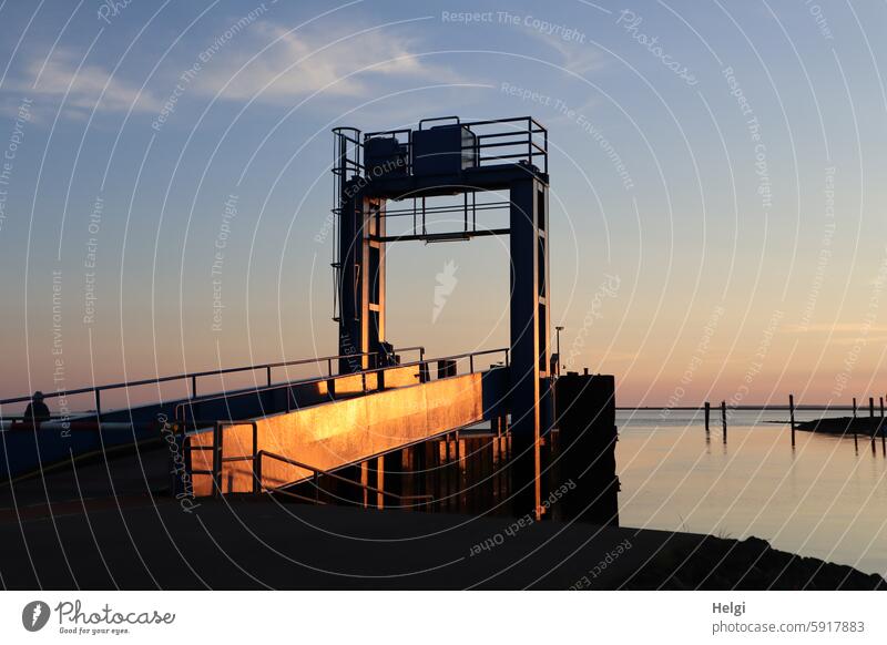 Evening sun on the jetty investor Harbour Sunset North Sea Sky Beautiful weather Sunlight Light Shadow Water Summer Colour photo Deserted Exterior shot Contrast