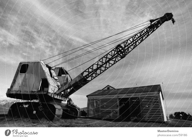 The excavator's brother Crane Construction crane Construction site House (Residential Structure) Machinery Driver's cab Vehicle Clouds Grass Wide angle Rust
