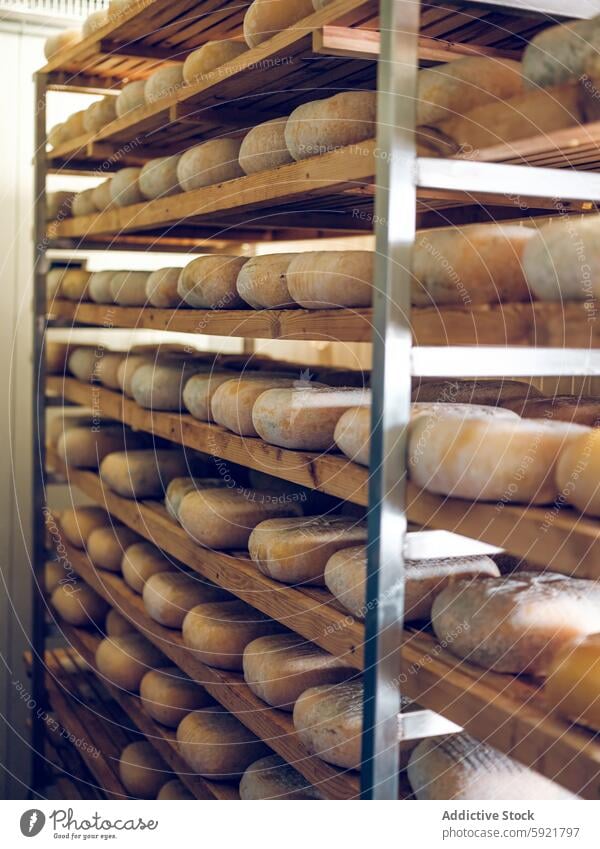 Aging Mahon cheese wheels on wooden shelves in storage mahon-menorca shelf rack aging texture flavor dairy spanish food product artisan craftsmanship