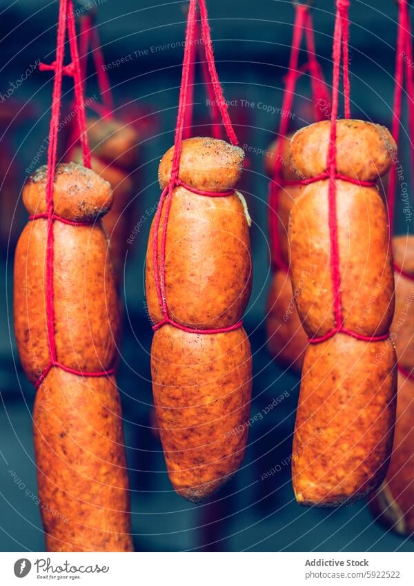 Traditional Spanish sobrasada sausages hanging in rows spanish balearic cured meat spicy traditional mallorca delicacy food pork spice culinary cuisine