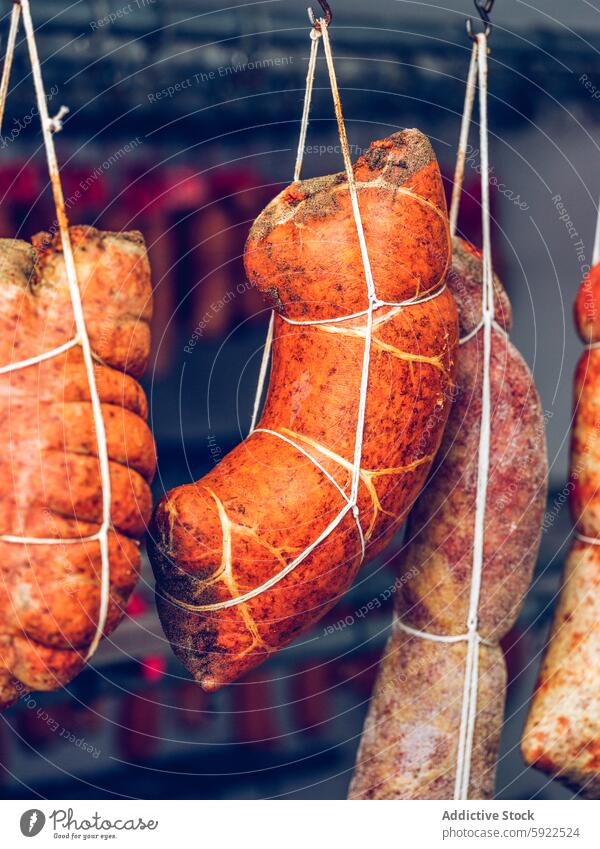 Hanging sobrasada sausages in a traditional curing room spanish hanging red mold flavor cured meat food culinary delicacy mediterranean spicy pork artisan