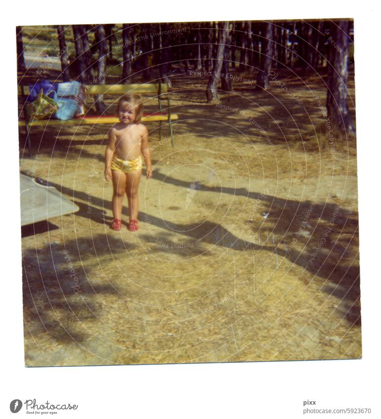 Polaroid of a child on summer vacation in the 70s with yellow shorts Terry cloth Summer Summer vacation smilingly Smiling Timidity shy 2021 rubber shoes Sandals