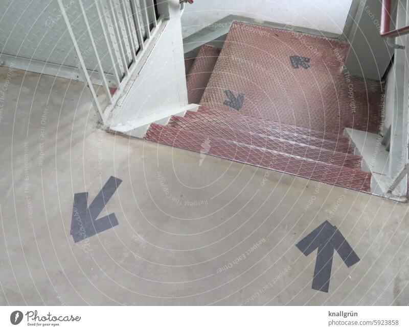 upstairs downstairs Staircase (Hallway) Arrow Road marking Direction Orientation Signs and labeling Clue Navigation Signage Lanes & trails Recommendation