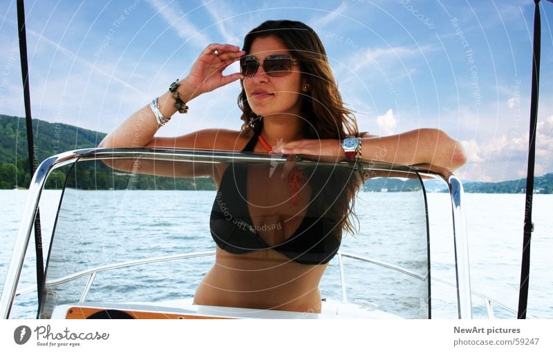 lake Summer Model Woman Vacation & Travel Bikini Sunglasses Watercraft Lake Physics Waves Eroticism Breasts Body Warmth