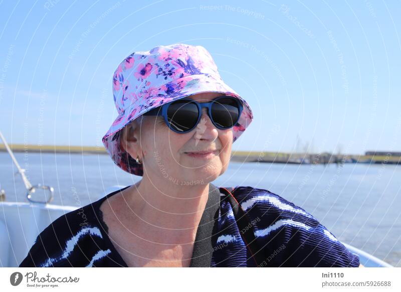 Hallig Gröde | on deck in the sunshine Summer North Sea Ocean Lake vacation travel Navigation Deck Crossing portrait Woman Siniorin looking friendly nice