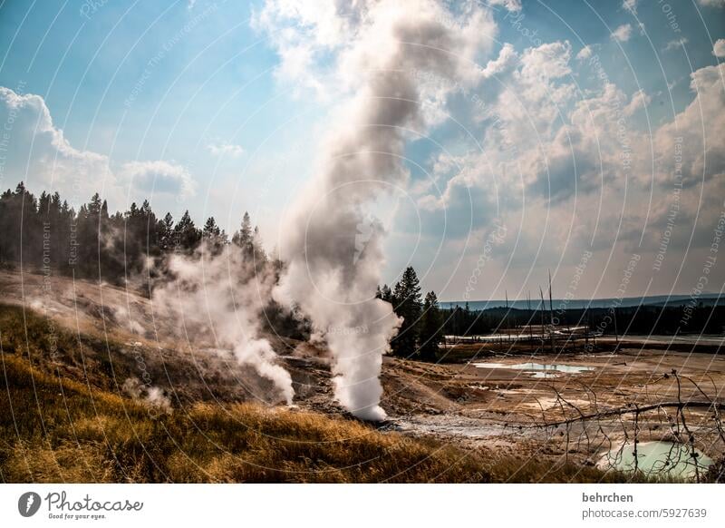 pressure on the boiler Landscape Volcano volcanic landscape Clouds Sky Geyser USA Wyoming Yellowstone National Park Americas Vacation & Travel Far-off places