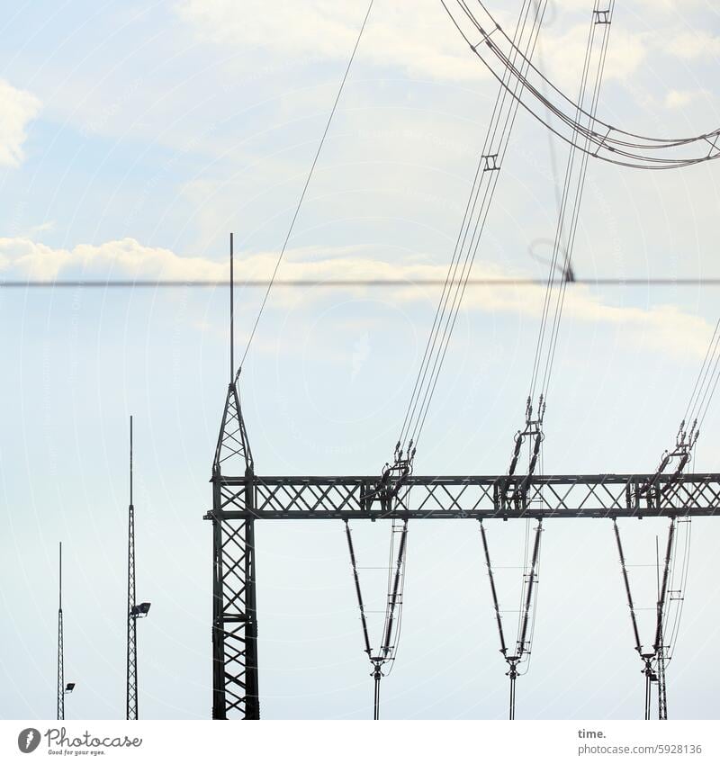 Constructive intelligence Power lines Electricity pylon Energy industry power supply Sky steamy graphic Metal Steel fixed Suspension Clouds Cable Construction