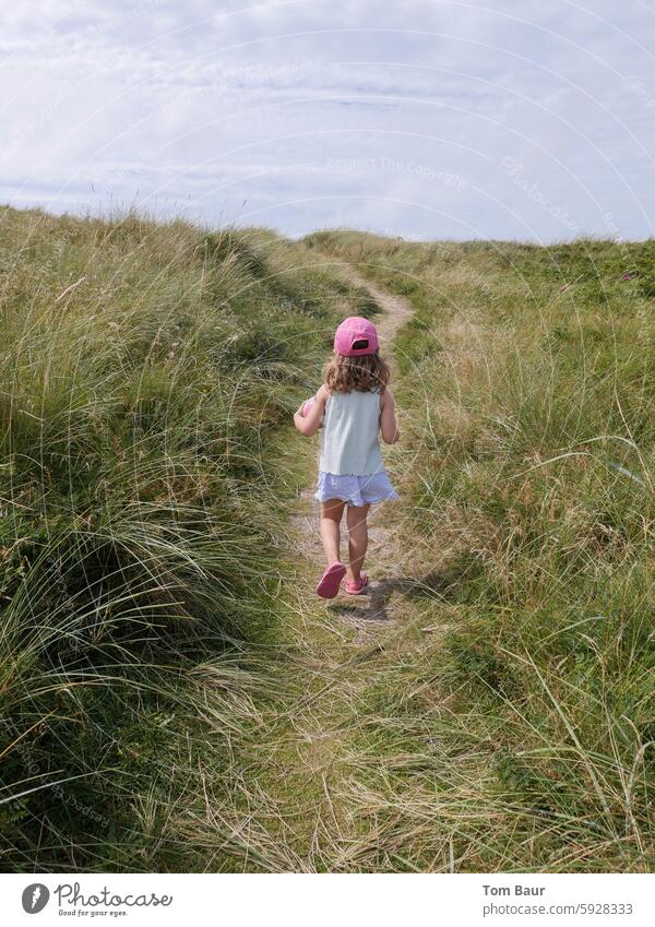 Girls in the dunes Skirt Dress cap pink Caucasian explore Infancy vacation North Sea Northern Germany Denmark Dune landscape hiking Hiking hike Flip-flops