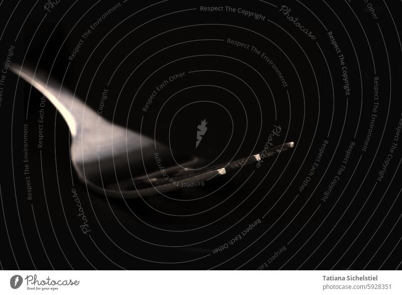 Fork, side view, black and white, lowkey image Cutlery Kitchen Nutrition Black & white photo blurriness Silver Interior shot Close-up