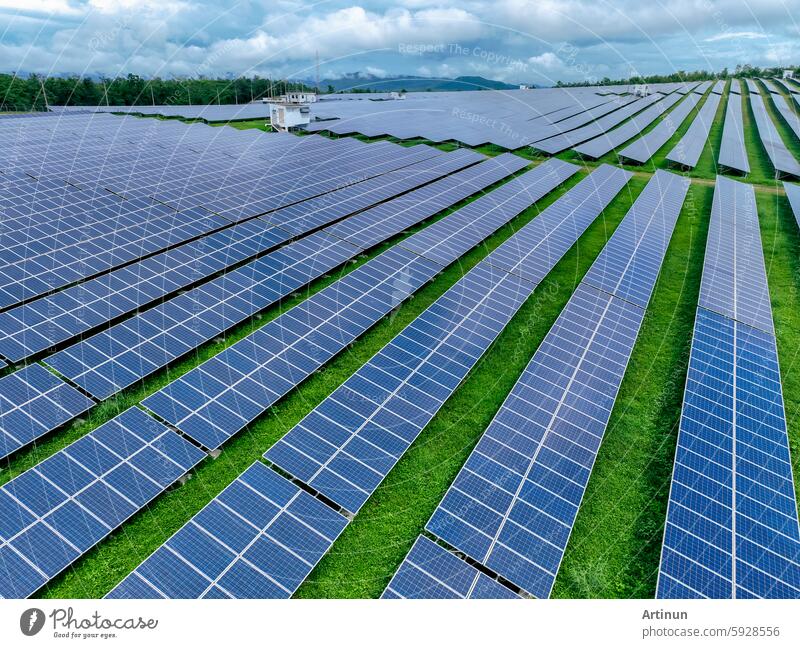 Aerial view of solar farm. Sustainable renewable energy and modern photovoltaic technology for eco-friendly electricity production. Solar power station. Green energy solutions. Solar panel technology.