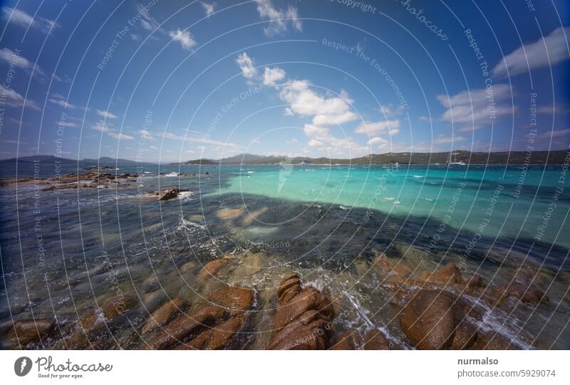 place of longing Sardinia Ocean Beach Water wide mountains Horizon Italy Summer Warmth Pizza Clouds dream fantastic weather vacation Relaxation Loneliness Waves