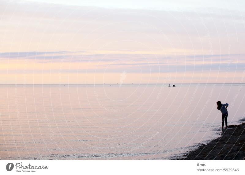 view into the sea Sky Clouds Nature Beautiful weather Atmosphere Evening Girl Beach Baltic Sea Water Moody Observe search Wait coast Landscape Summer Sunset