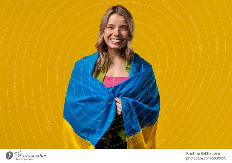 Happy Young Woman With National Ukrainian Flag. Ukraine, Patriot, Victory, Fan banner beautiful celebrating cheerful clever culture east europe education ethnic