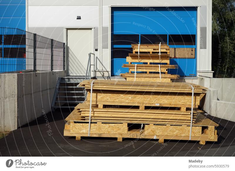 Wooden boards and pallets for transport and logistics for an industrial door in blue in the industrial estate in Wettenberg Krofdorf-Gleiberg near Gießen in Hesse