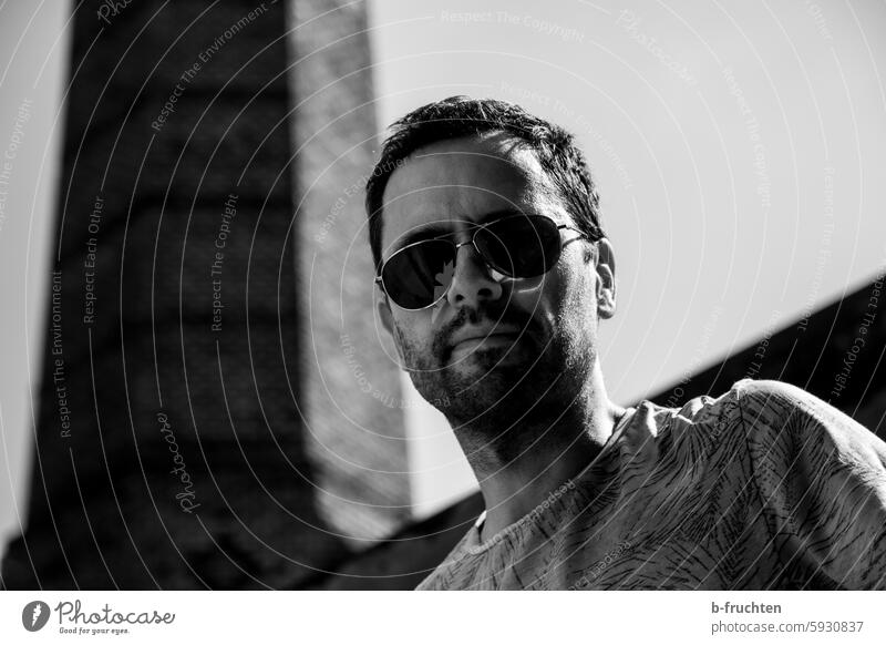 Man with sunglasses portrait Black & white photo Factory Building Chimney Industry Exterior shot Sunglasses Stubble Facial hair Eyeglasses Human being Face