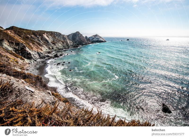 wellness Beach Landscape Water Sky Waves Fantastic Exceptional Ocean coast USA Americas Vacation & Travel Far-off places Freedom big sur California Sunlight