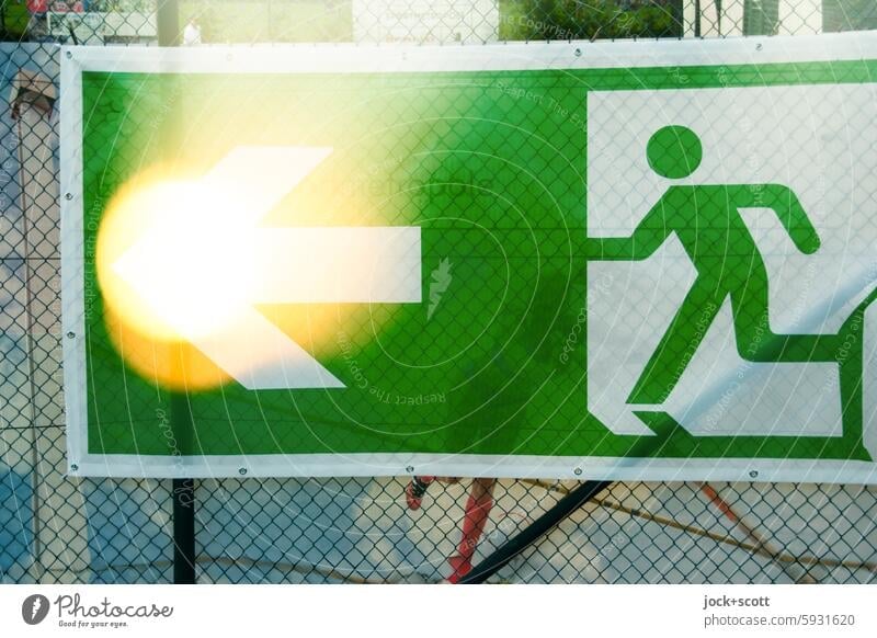 It's never too late | for the emergency exit Pictogram Emergency exit Escape route Safety Arrow Signage Signs and labeling