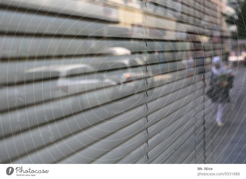 UT I Only floating is more beautiful I Venetian blind - shop window - reflection Reflection Shop window Window Transparent Venetian blinds Closed Roller blinds