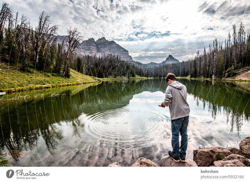 circle Reflection wide mountain lake Impressive Far-off places Wanderlust especially Nature Vacation & Travel Fantastic Forest Landscape Mountain trees Lake