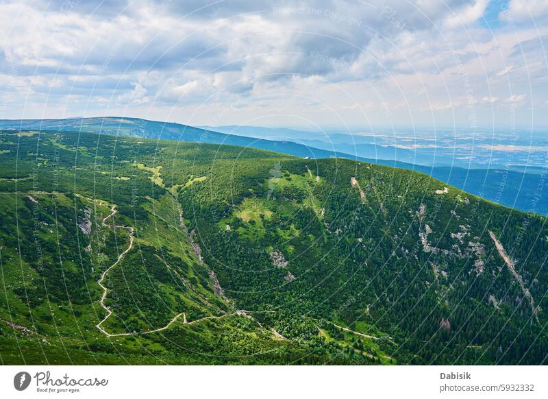 Panoramic View of Green Mountain Valley mountain valley mountain range panoramic green landscape nature forest hills hiking scenery outdoors travel sky