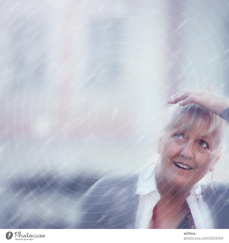 Rain Joy Woman Blonde Rainy weather Gray-haired Bangs cheerful Senior citizen