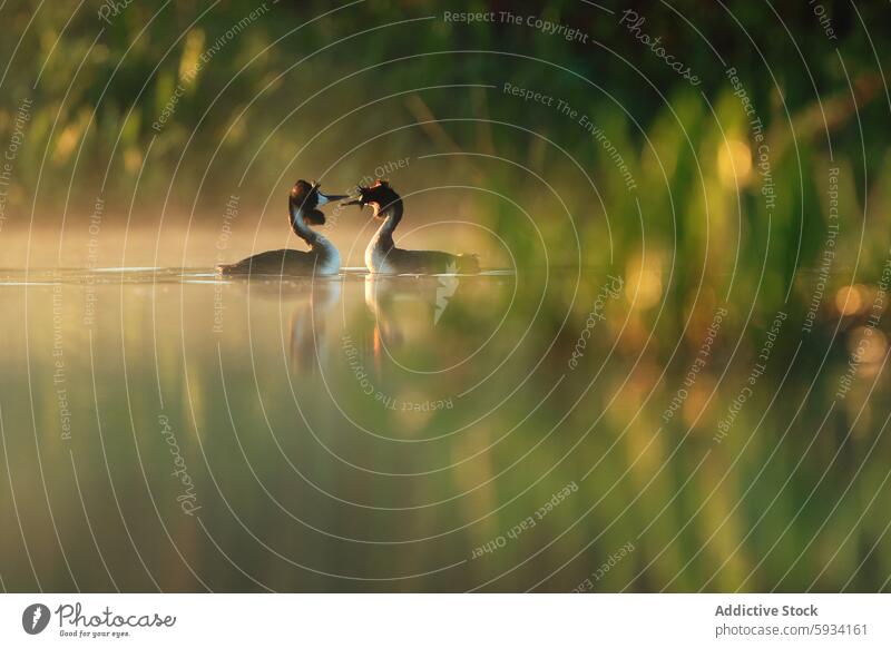 Courtship behavior of Great Crested Grebes in misty waters bird grebe great crested grebe courtship lake dance dawn backlighting nature wildlife birdwatching