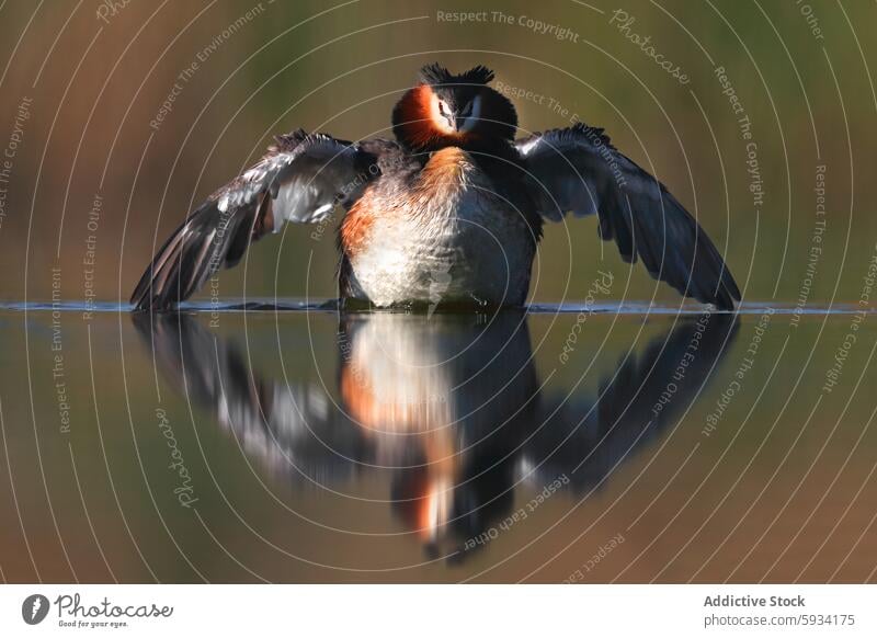 Great crested grebe displaying mating feathers on water bird reflection great crested grebe podiceps cristatus plumage wing nature wildlife animal lake pond