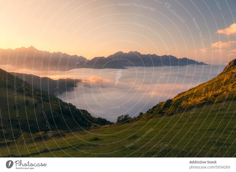 Sunrise over Picos de Europa with clouds engulfing the valleys sunrise mountain picos de europa cantabria nature landscape outdoor scenic beauty tranquil serene