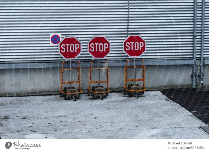 UT Only floating is more beautiful I Three times "STOP" Signs and labeling Road traffic Transport Deserted Clue construction site safety Road sign Signage