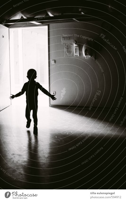 shadow child Masculine Child Boy (child) Infancy 1 Human being Walking Stand Dark Black White Fear Door Contour Eerie Creepy Flare Light Shadow Shadow play