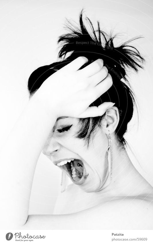 Is she yawning or screaming? Woman Portrait photograph Black White Hand Piercing Yawn Scream Nape Feminine Face Black & white photo Skin Hair and hairstyles