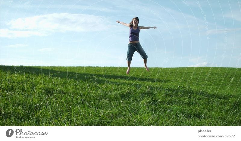 Jump! Meadow Green Grass Clouds Woman Sky Blue Lawn Shadow Joy Freedom