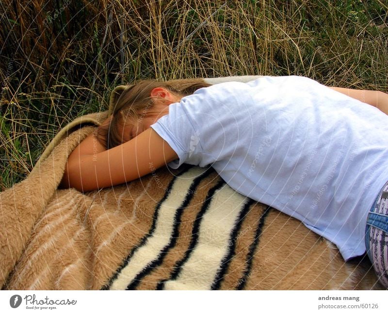 totally tired Woman Sleep Grass Field sleeping Blanket Relaxation blank